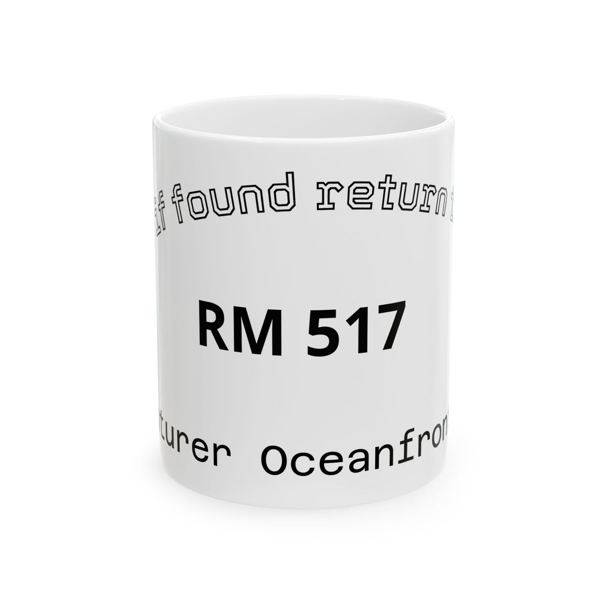 RM # Lost & Found Ceramic Mug — Oceanfront Resort Souvenir (11oz/15oz)