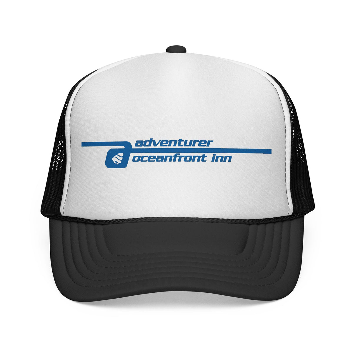 Adventurer Oceanfront Inn Trucker Cap — Retro Blue Logo Mesh Hat
