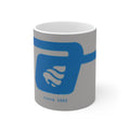 Oceanfront Adventurer Mug — Retro Blue Surf Handshake Design (circa 1982)